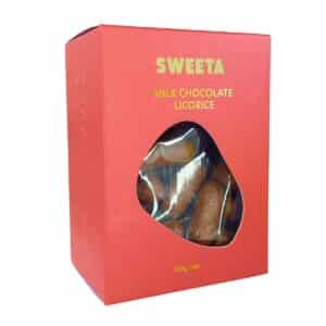 Milk Chocolate Licorice 100g with soft black licorice pieces coated in rich milk chocolate