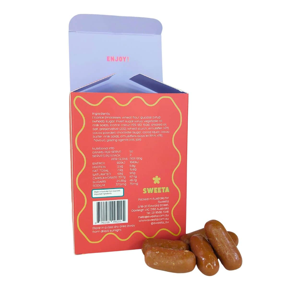 Packaging for the Milk Chocolate Licorice 100g box showng a sample of the contents