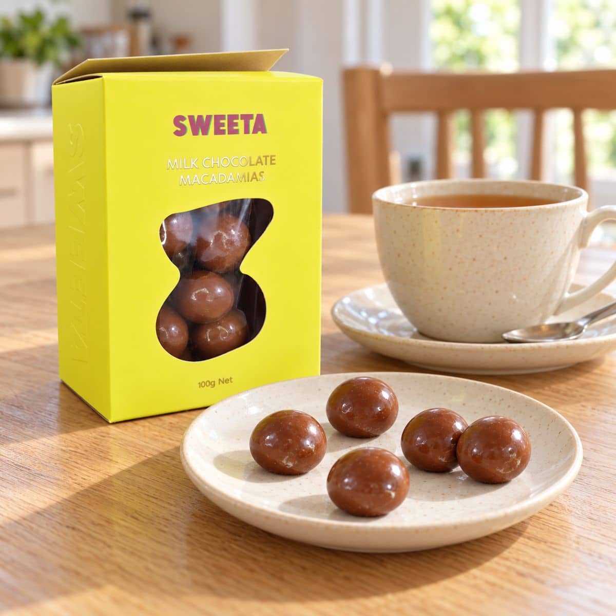 Milk Chocolate Macadamias on a saucer near a cup of tea ready to be eaten