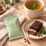 Peppermint Cookie Crunch Treat vegan chocolate bar styled beside herbal tea, peppermint leaves and dark cacao pieces