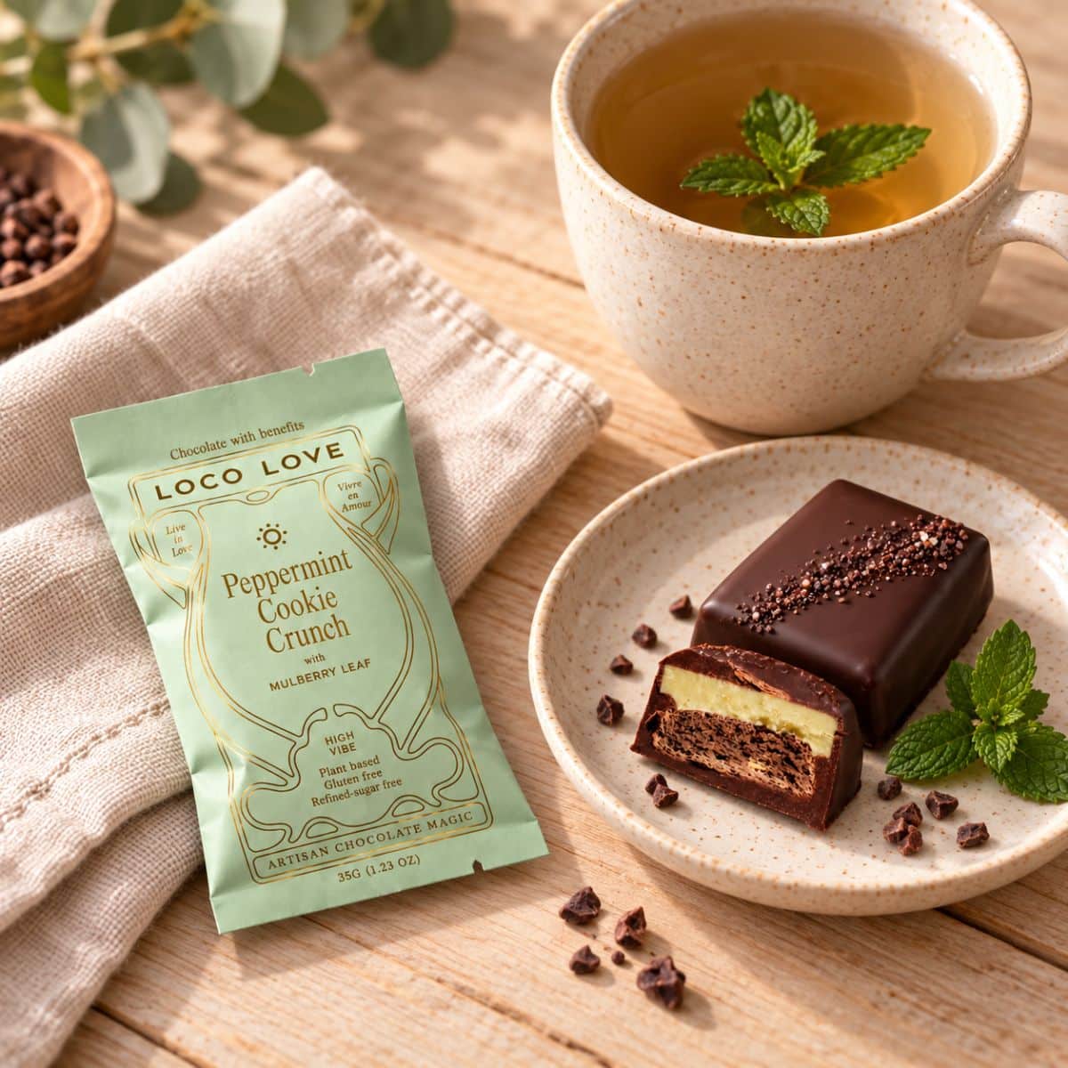 Peppermint Cookie Crunch Treat vegan chocolate bar styled beside herbal tea, peppermint leaves and dark cacao pieces