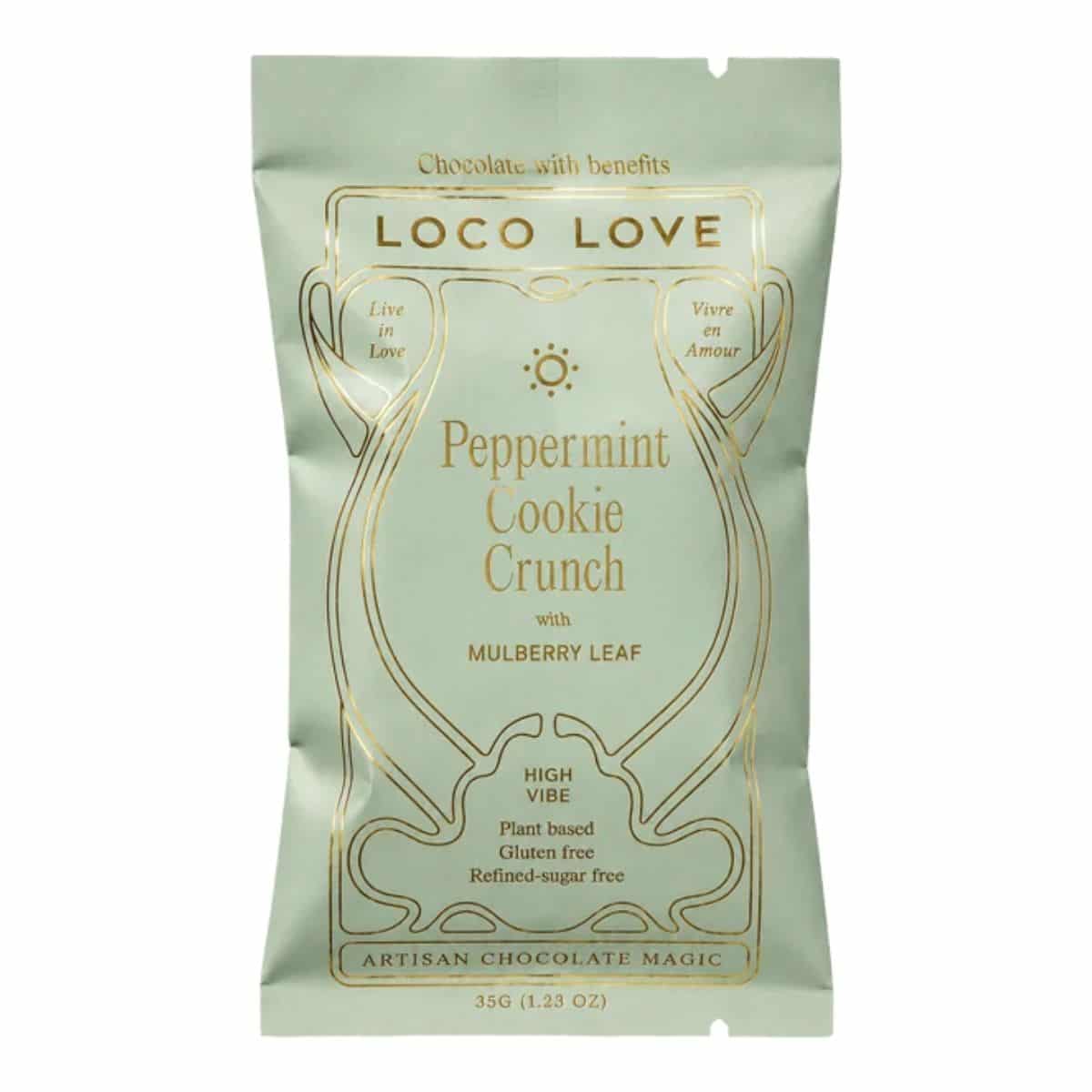 Peppermint Cookie Crunch Treat 35g vegan dark cacao bar with peppermint, mulberry leaf and crunchy chocolate cookie