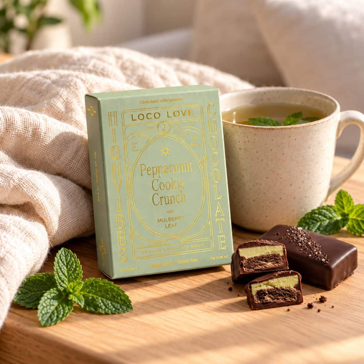 Peppermint Cookie Crunch Twin Pack vegan chocolate bars styled beside herbal tea, peppermint leaves and the bars open from packaging