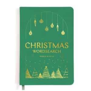 Puzzle-In-Style Christmas Wordsearch Book with 150 festive puzzles, featuring a luxury leather-look cover with gold detailing.