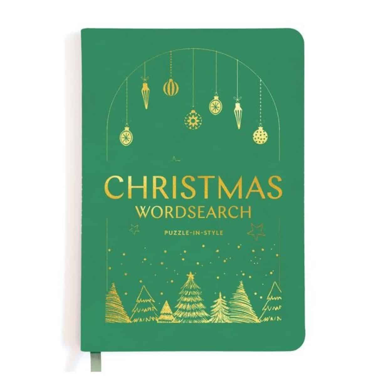 Puzzle-In-Style Christmas Wordsearch Book with 150 festive puzzles, featuring a luxury leather-look cover with gold detailing.