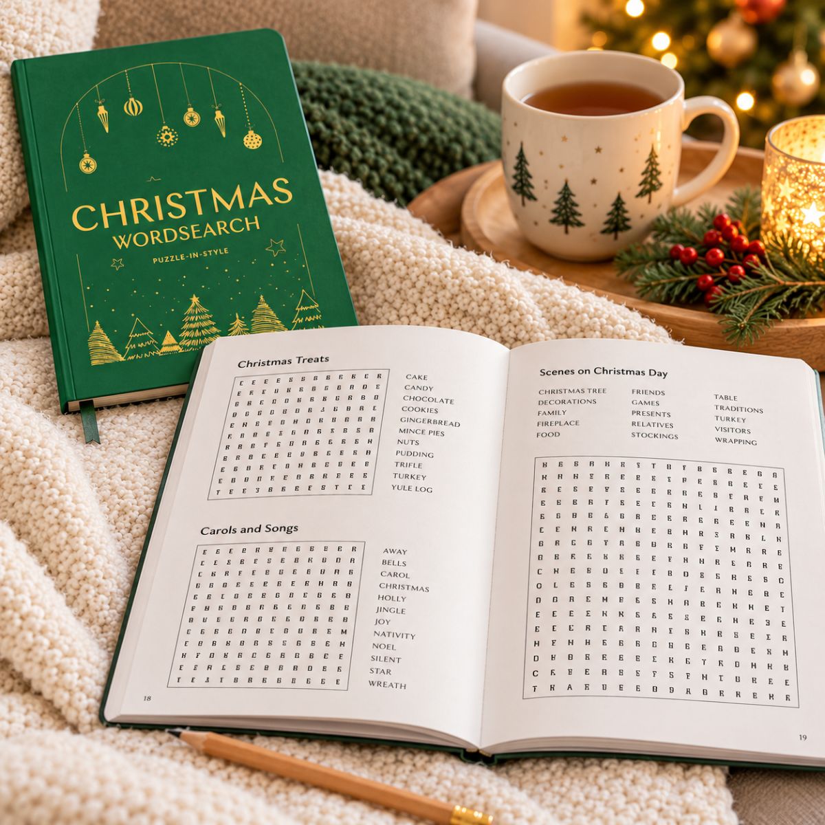 Christmas Wordsearch Book open beside a cup of tea and pencil in a cosy setting, offering a quiet festive activity for relaxing or recovery days.