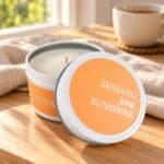 Sending You Sunshine Travel Tin Candle beside a cup of tea on a wooden table in warm natural light