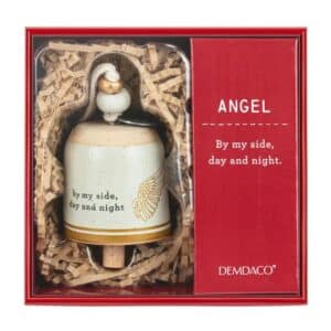 Stoneware Mini Guardian Angel Bell with gold angel wing design, comforting 'by my side, day and night' message and decorative beaded cotton hanging cord presented in gift box