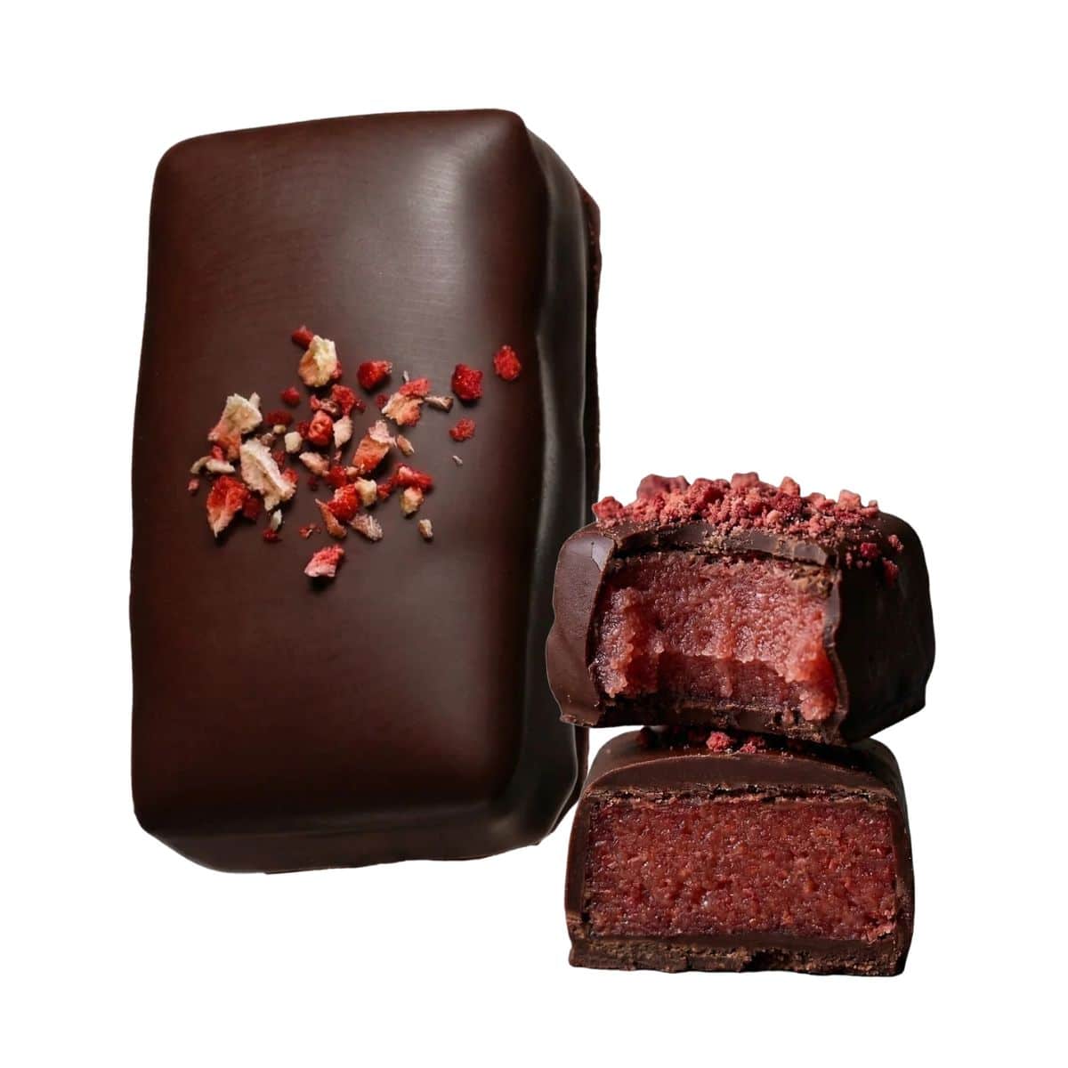 Close-up of Strawberry Vanilla Burst dark chocolate with chewy strawberry, hibiscus and vanilla filling
