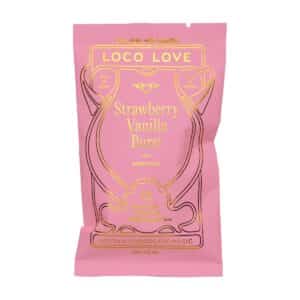 Strawberry Vanilla Burst Treat 35g with chewy strawberry, hibiscus and vanilla centre enrobed in 70% dark chocolate