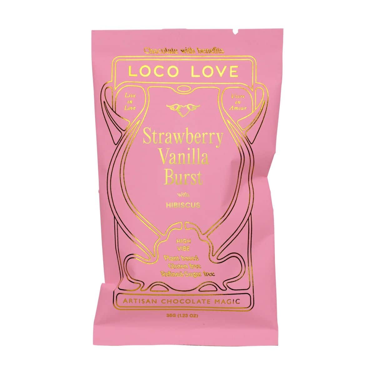 Strawberry Vanilla Burst Treat 35g with chewy strawberry, hibiscus and vanilla centre enrobed in 70% dark chocolate