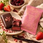 Strawberry Vanilla Burst dark chocolate treat styled with fresh strawberries in a warm, natural setting
