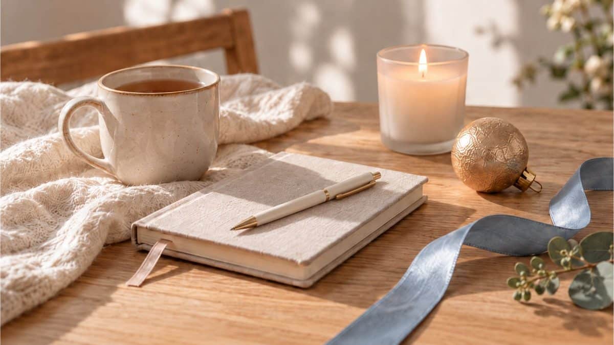 Tea, a journal with pen and a glowing candle on a timber table with a gold Christmas bauble and soft blue ribbon.