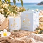 Australian-made Coastal Christmas Candle with white driftwood and coconut fragrance styled in a relaxed summer Christmas setting