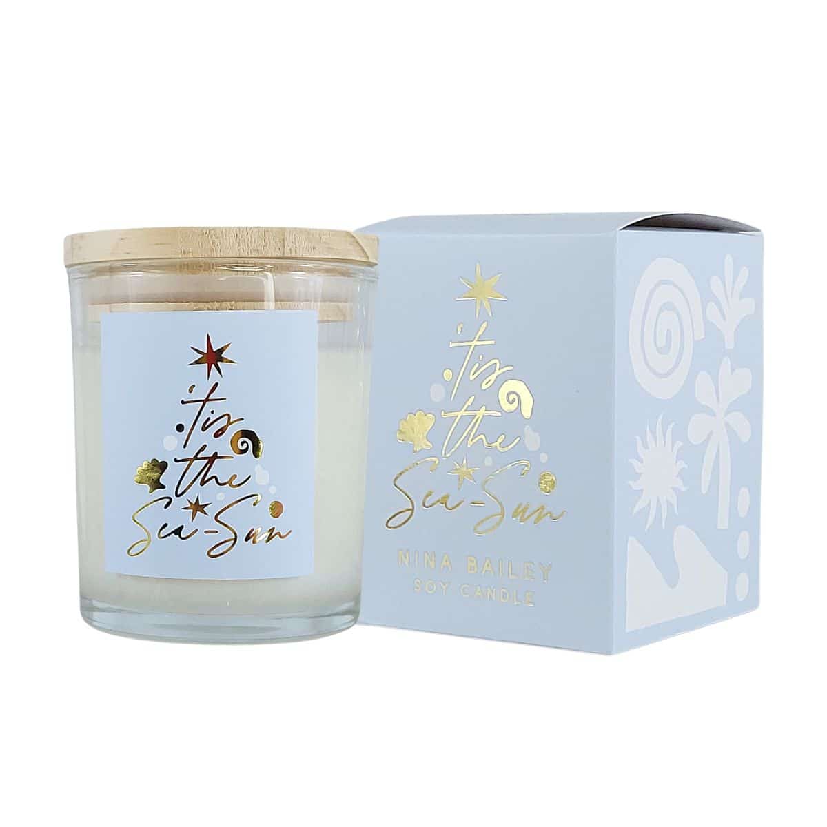 Tis The Sea-Sun Christmas Votive Candle 140g, Australian-made white driftwood and coconut scented Christmas candle, hand-poured in Perth
