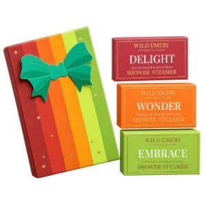 Warm and Bright Shower Steamer Gift Set with colourful festive gift box and three Australian-made shower steamers in Delight, Embrace and Wonder fragrances.