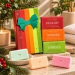 Warm and Bright Christmas Shower Steamer Gift Set featuring three festive aromatherapy steamers displayed in a softly styled bathroom with warm neutral tones.